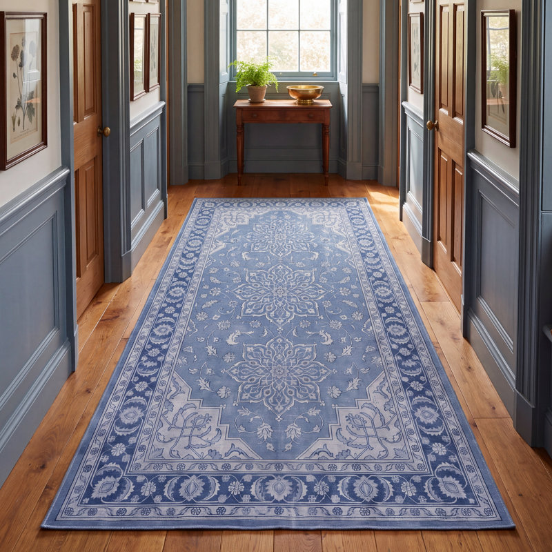 Tapis traditionnel en bouleau, style persan, bleu, gris et crème, lavable à la machine, antidérapant, à poils courts, pour l'intérieur et l'extérieur, adapté aux animaux domestiques, idéal pour le salon, la chambre, la salle à manger, l'entrée, le couloir ou le bureau.
