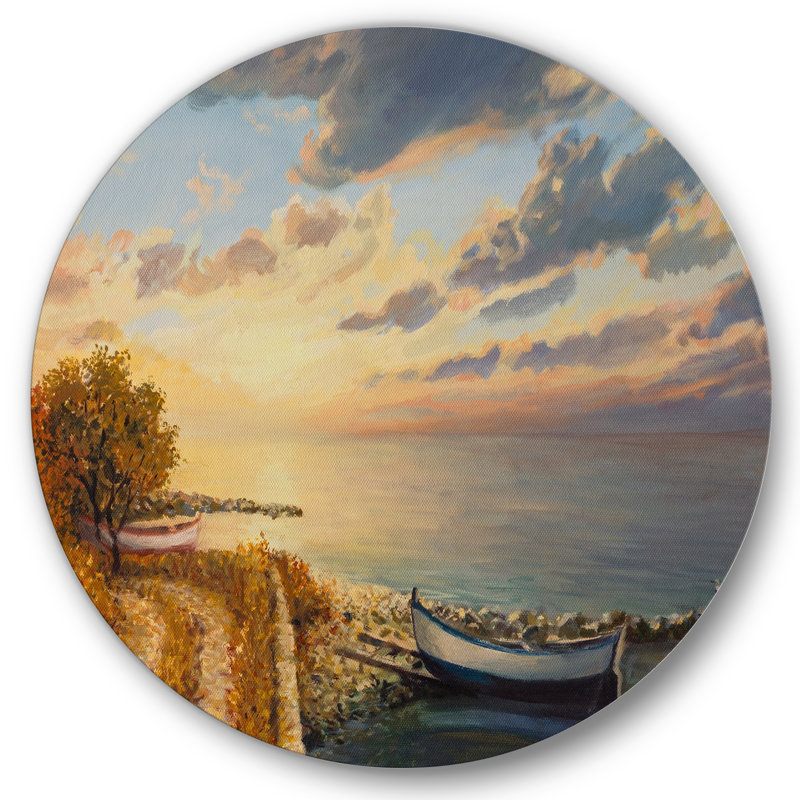 Lever de soleil romantique au bord de la mer - art mural nautique et côtier en cercle métallique, H 29 po x l 29 po x P 1 po