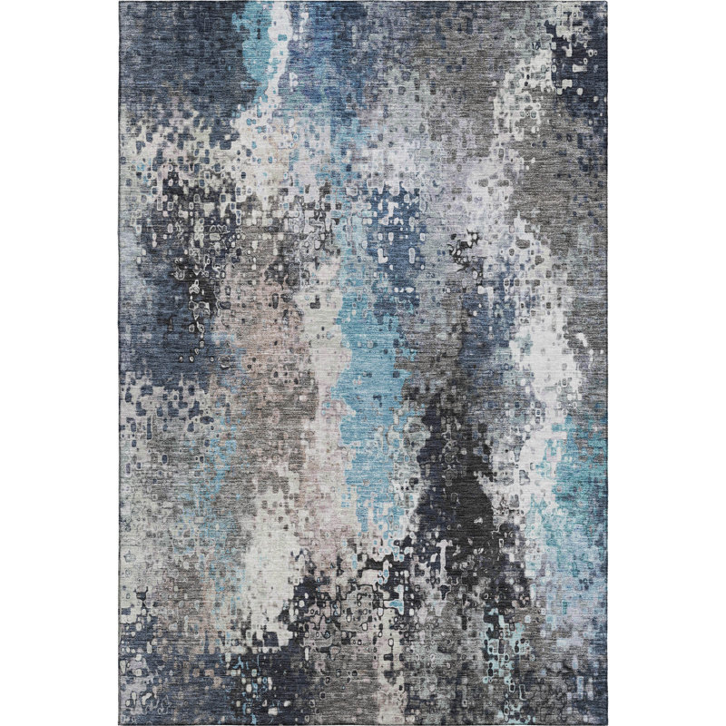 Premium Machine Washable Mayfield AMF2242 Abstract Rug, Denim, 3' x 5'