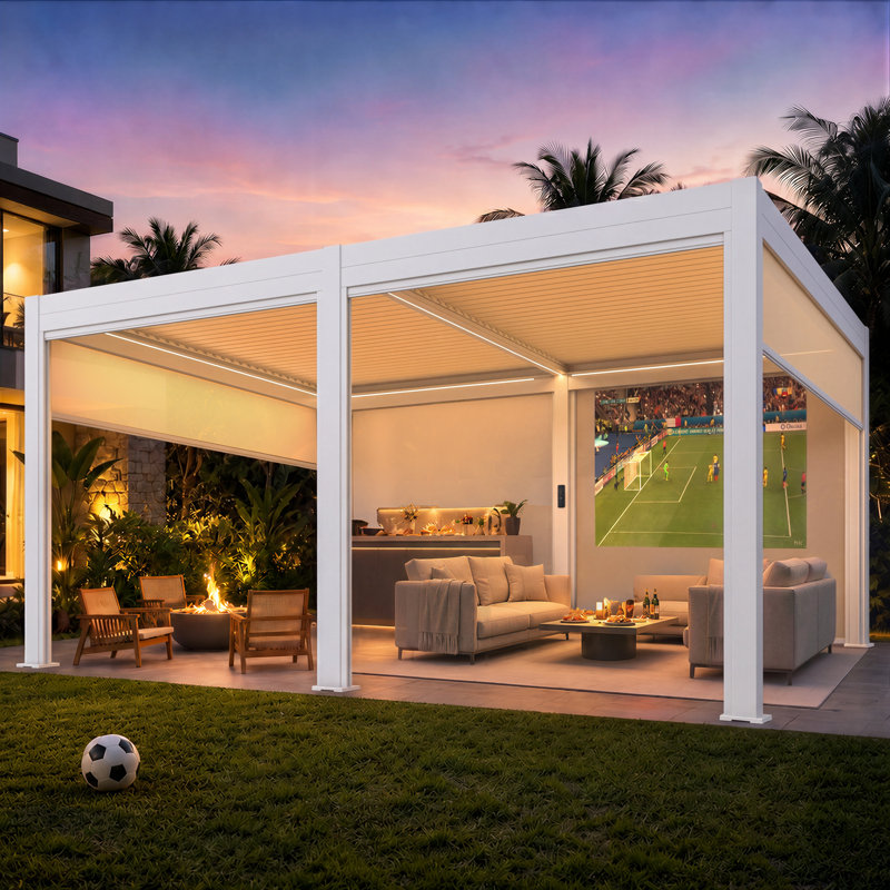 Pergola à persiennes motorisée 12 x 16 pi avec vidéo d'installation, énergie hybride solaire / USB, 4 écrans latéraux automatiques, toit imperméable et cadre en aluminium antirouille, lumières DEL à distance pour terrasse, patio et spa