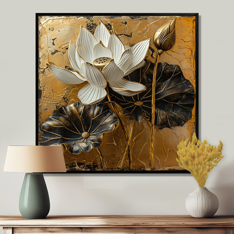 Boncelles - Lotus, art mural, Cadre flottant noir, bois massif, H 16 po x l 16 po