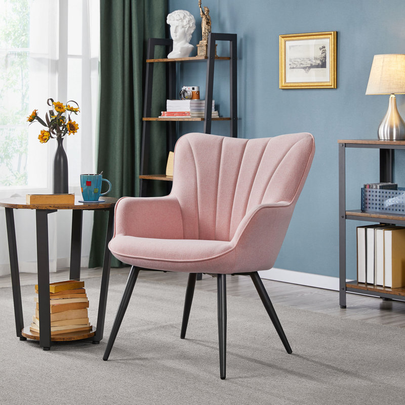 Bakhyt 25" Wide Upholstered Curved Back Armchair, Pink Linen, Black