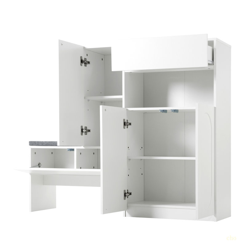 Élégant range-chaussures 2-en-1 avec coussin moelleux, banc de rangement moderne avec portes arquées et dispositifs de rebond, range-chaussures polyvalent avec tablettes réglables pour le couloir et le salon