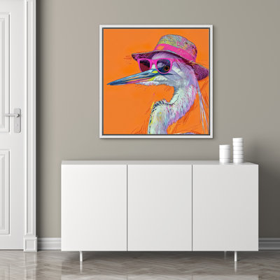 Bright Preppy Animals Bright Orange Heron Bird With Hat Sunglasses Funny Bedroom Artwork Framed Canvas Print Wall Art