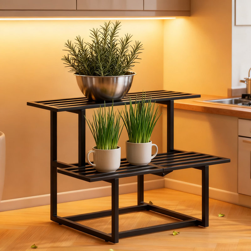 Support pour plante robuste en métal à 2 niveaux pour une utilisation intérieure et extérieure, tablette de présentation à lattes de capacité de charge de 330 lb pour le patio
