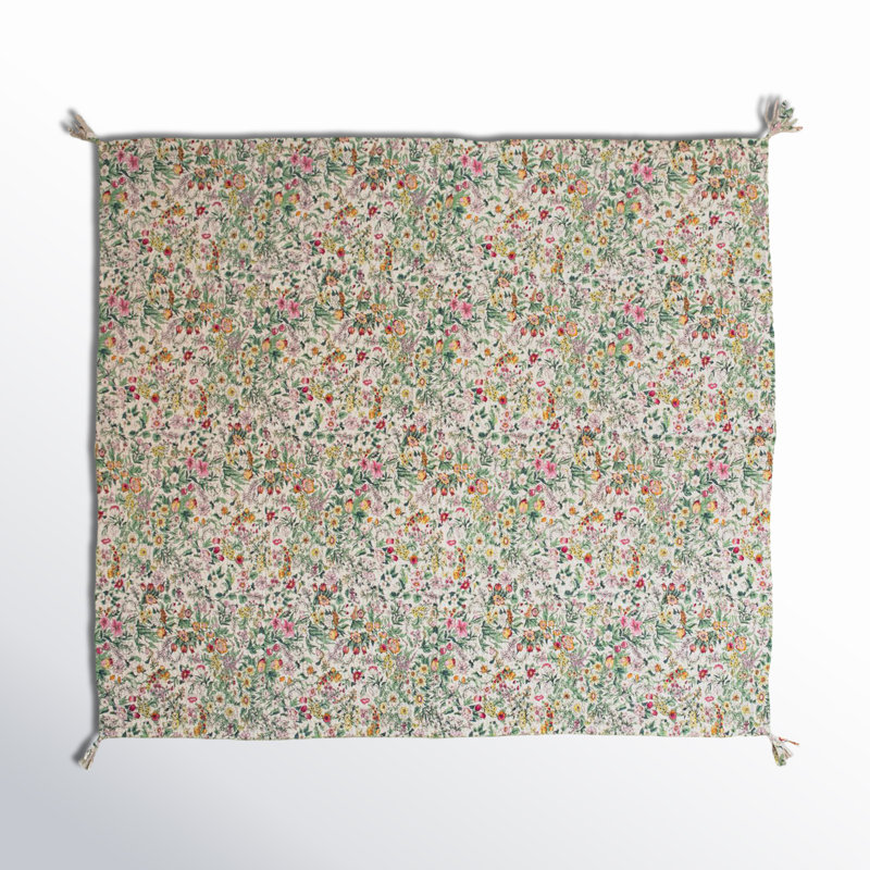 Quilted Throw With Floral Pattern, Kantha Stitch And Tassels