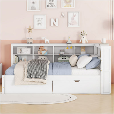 Lit de jour en bois avec 2 tiroirs, lit de jour avec tablette de rangement et ports de chargement USB, blanc