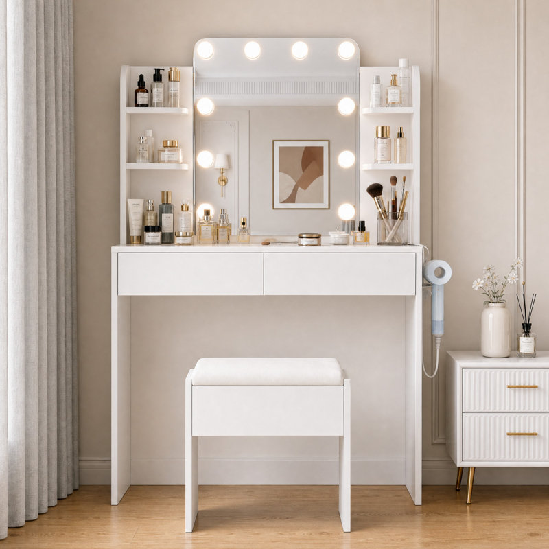 Makeup Vanity With LED Lighted Mirror & Power Outlet, Vanity Desk With 2 Drawers, 4 Open Shelves and Hair Dryer Rack For Bedroom