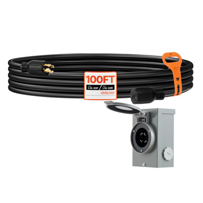 30 Amp Generator Cord and Power Inlet Box, 100 FT, 125/250V NEMA L14-30P to L14-30R Heavy-Duty Extension Cable, SJTW 10AWG 7500W, Pre-Drilled Inlet Box, for Connecting Generator to Home, ETL Certified