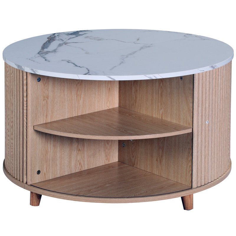 Table basse ronde, H 21,06 po x l 31,5 po x P 31,5 po, Blanc / Chêne clair