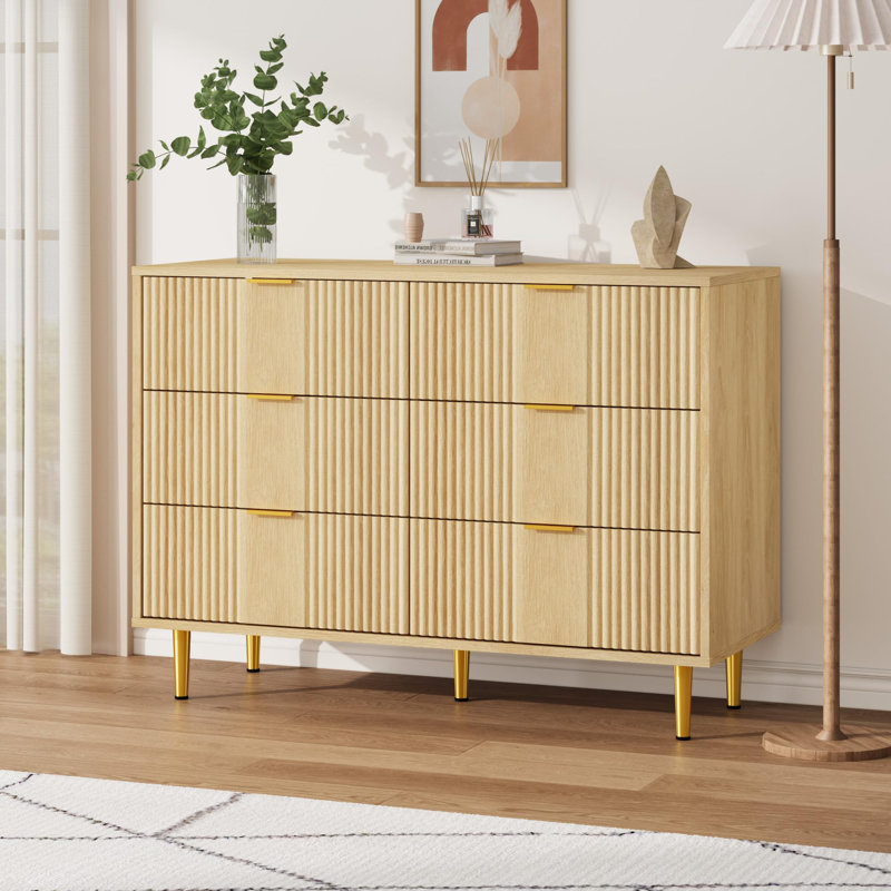 39.4" Fluted 6 Drawer Dresser with Metal Handles, Modern Wood Storage Chest for Bedroom, Natural