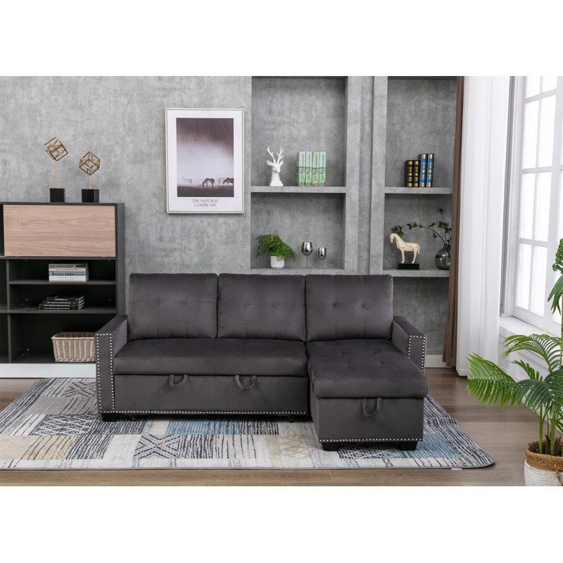 77 Inch Reversible Sectional Storage Sleeper Sofa Bed, Dark Gray Velvet
