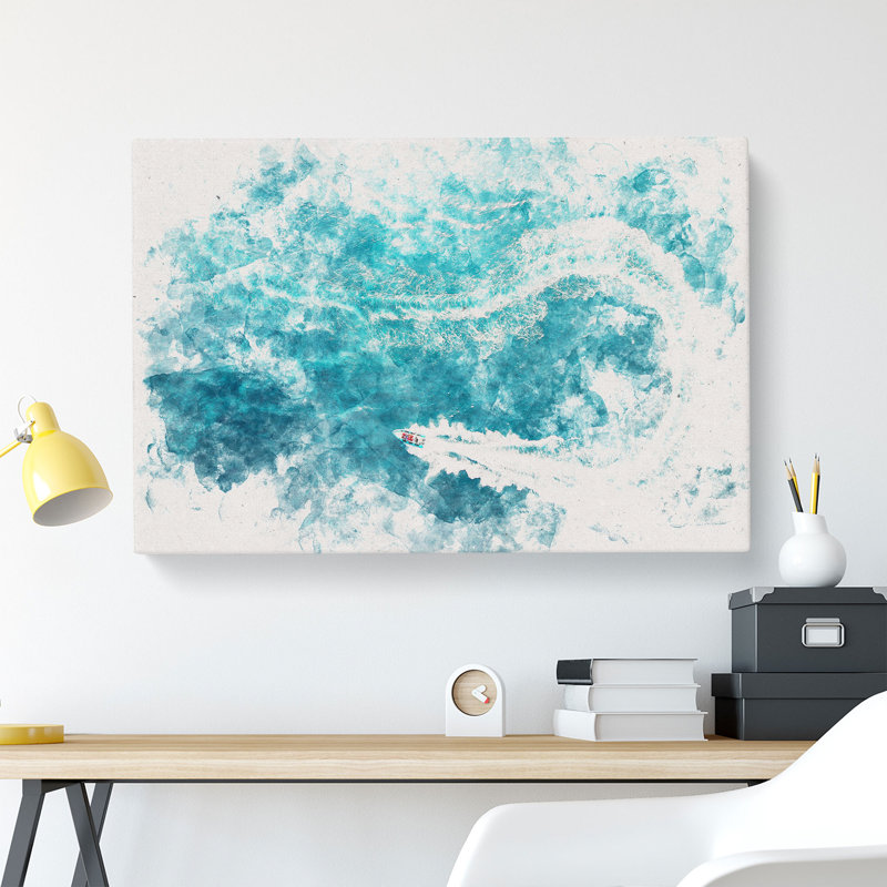 Speed Boat in Portugal Watercolour - Wrapped Canvas, 50cm H x 76cm W x 3cm D