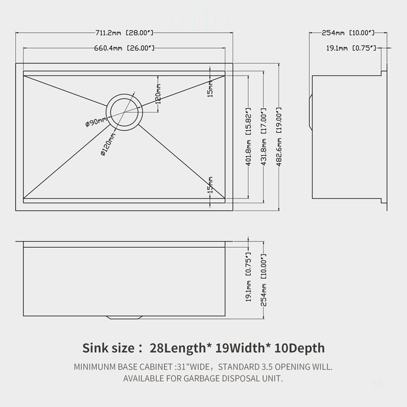 Évier de cuisine à simple cuve encastrable 28 x 19 x 10 po de calibre 16, durable et multifonctionnel