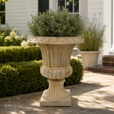 Large Antique White Garden Planter, Fluted Urn, MGO Composite, Hand-Painted Patina, Drainage with Stopper