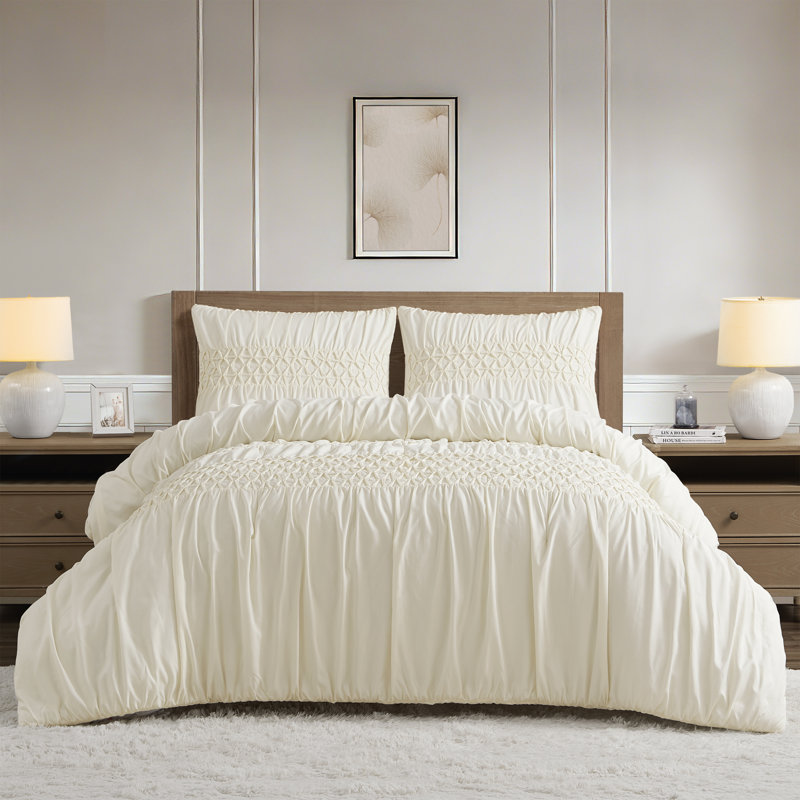 Ensemble d'édredon réversible texturé 2/3 pièces Ash, 3, Crème, Très grand lit