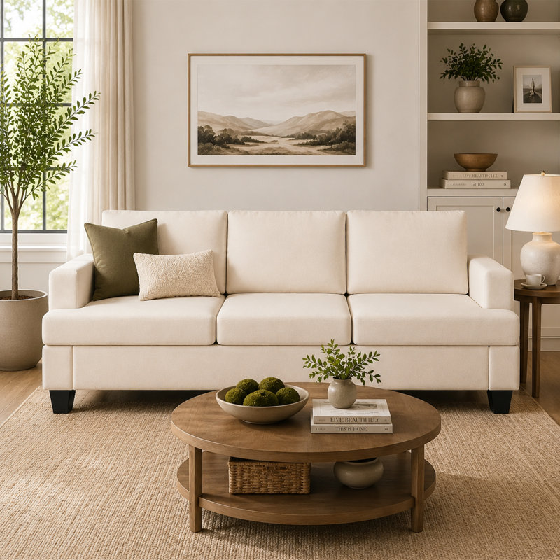 Morden Standard Upholstered Minimalist Linen 3 Seaters Sofa, Beige, 29.13" H x 84.65" W x 32.28" D