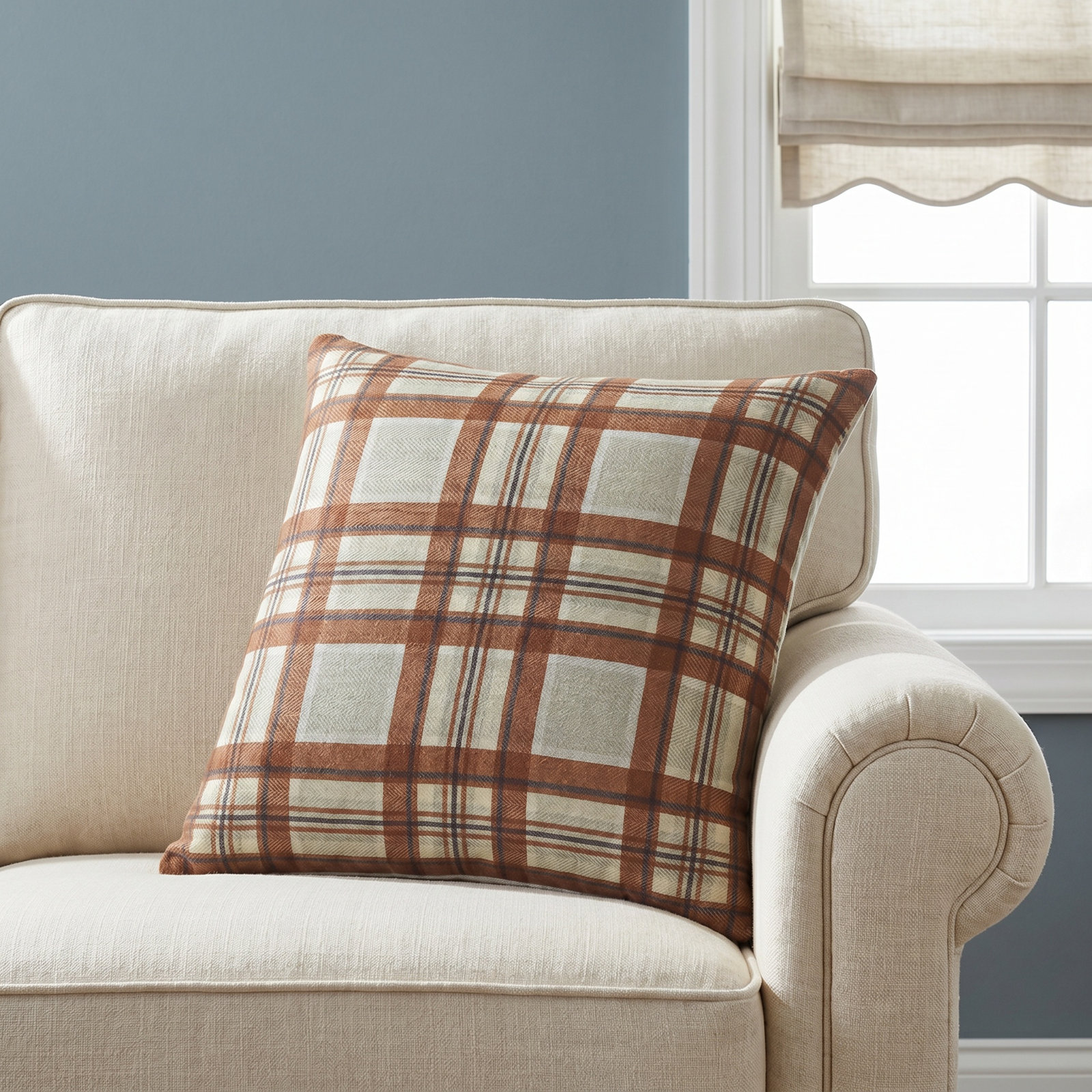 Plaid Cotton Throw Pillow, 22" x 22", Brown, Down