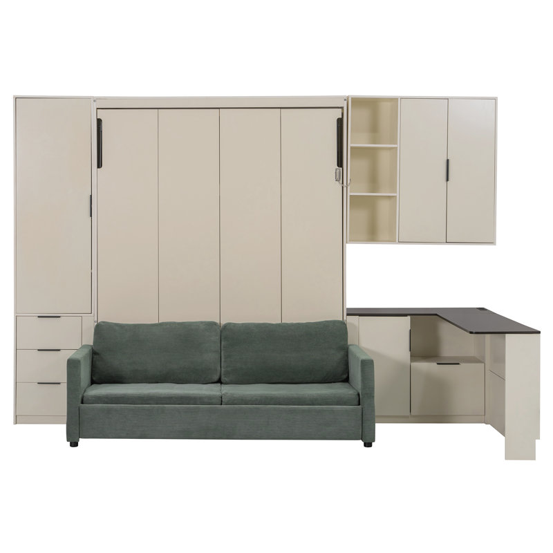 Grand lit escamotable avec levage hydraulique, canapé, tablettes et tiroirs de rangement, éclairage DEL et USB, panneau beige, canapé vert