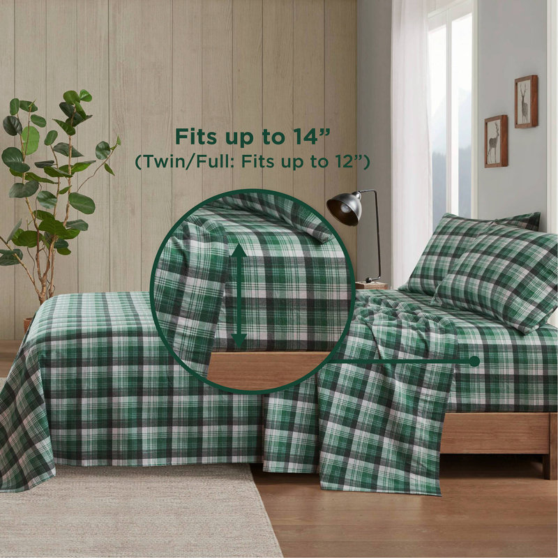 Ensemble de draps 4 pièces, Tissu écossais vert, Couvre-lit double + 3 pièces supplémentaires