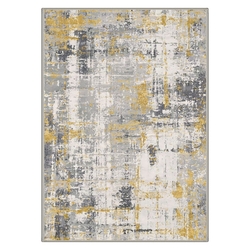 Modern Brush Strokes Machine Washable Gilded Slate Indoor Area Rug With Non-Slip Backing, Rectangle 9' x 12'