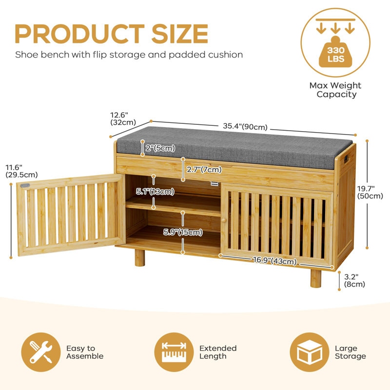 Bamboo Shoe Storage Bench With 2 Doors & Lift Top, 35.4 Inch Entryway Bench With Padded Cushion, 2-Tier Hidden Storage Organizer For Entryway Living Room