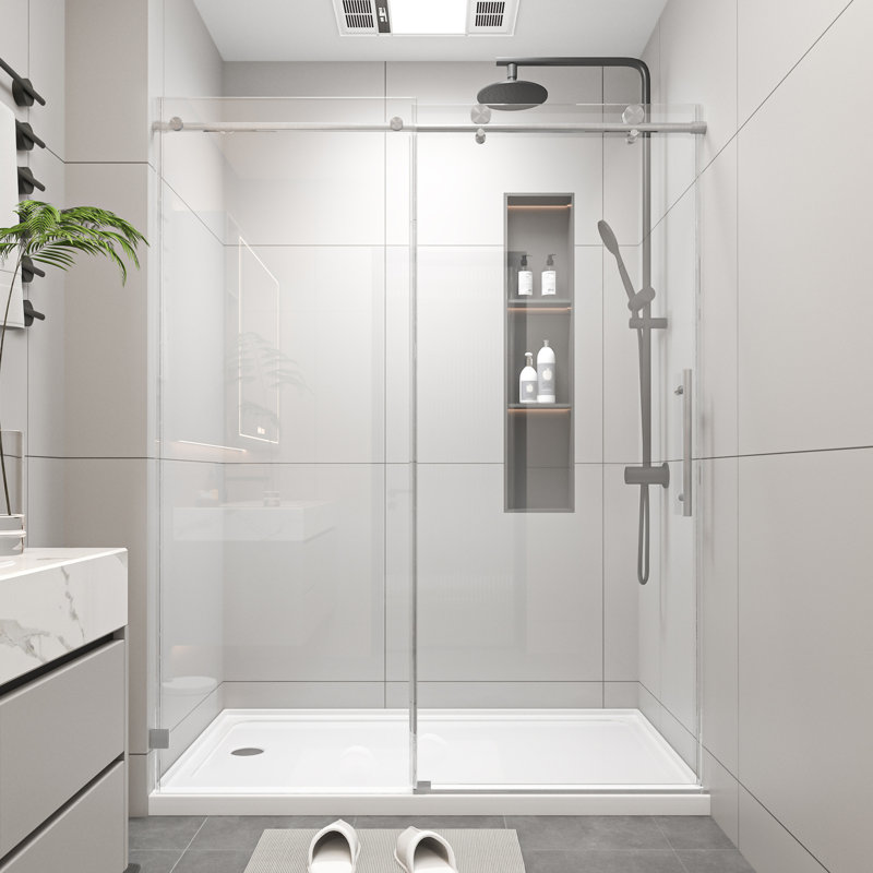 56-60" W x 74" H Frameless Single Sliding Soft-Close Shower Doors, 5/16" Thick SGCC Tempered Glass, Stainless Steel Hardware