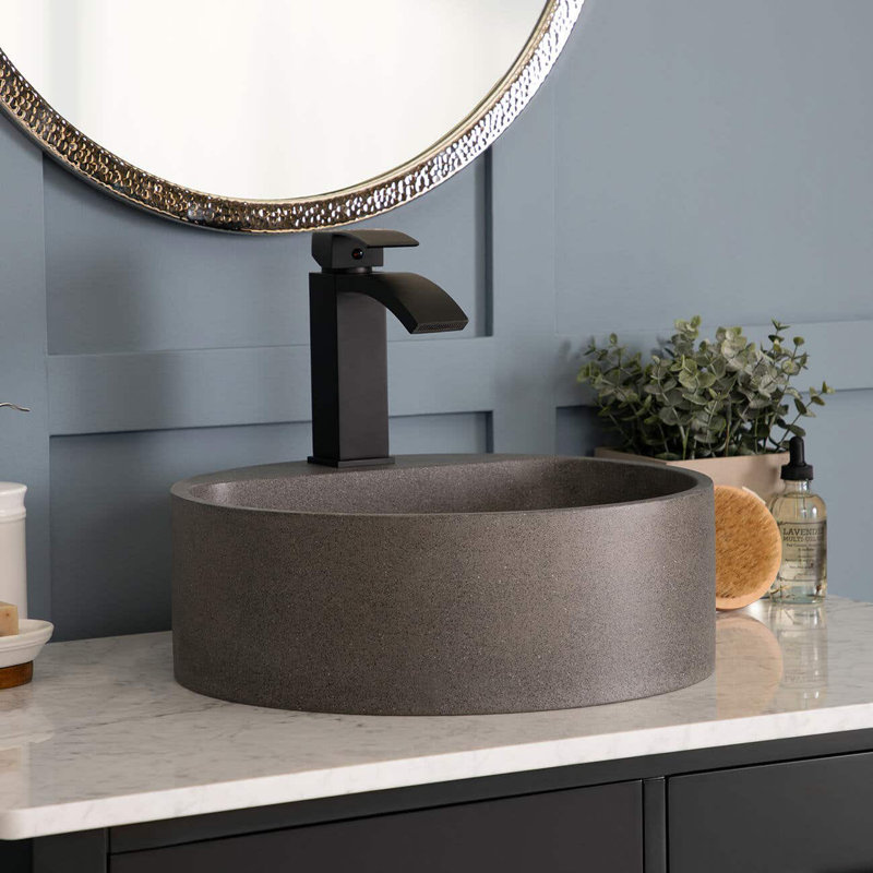 Chevington 15.75'' Light Gray Concrete Circular Bathroom Sink, Black Sandstone