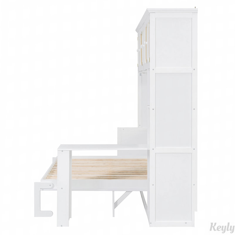 Lit escamotable avec bureau et armoires de rangement en rotin, Gris antique