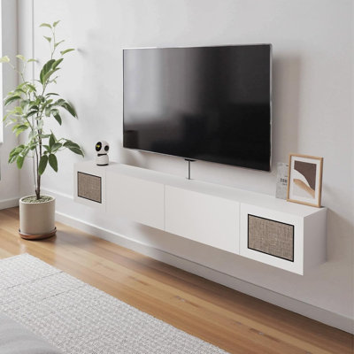 White Wood Floating TV Stand for 85" TV,Wall Mouinted Media Console Cabinet with Rattan