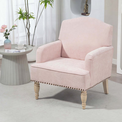 Fauteuil club en tissu - pieds en bois rétro et garniture cloutée - rose