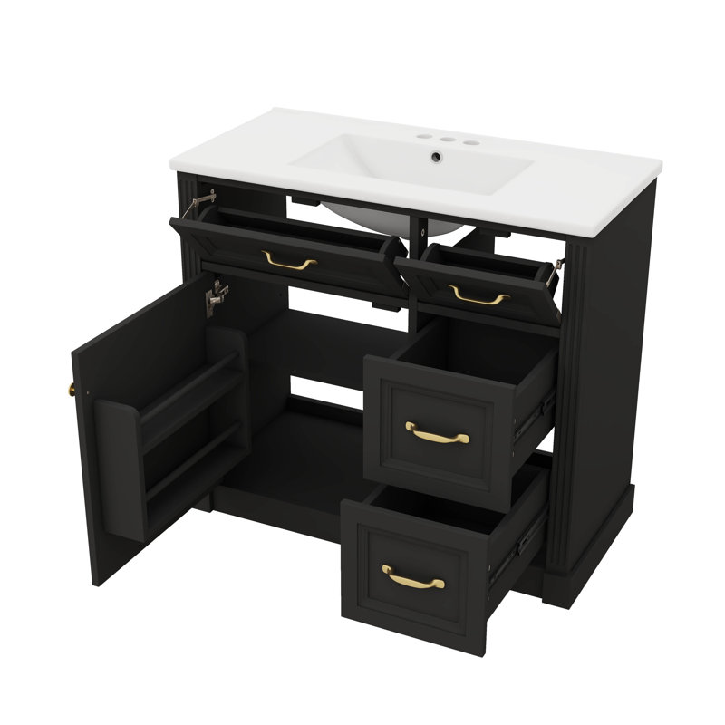 Meuble-lavabo de 36 pouces avec surface de lavabo en céramique, 4 tiroirs et 1 porte à fermeture en douceur, tablette réglable incluse