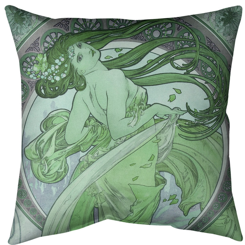 Coussin d'Alphonse Mucha la danse, 20 po x 20 po, Vert, Sergé de coton