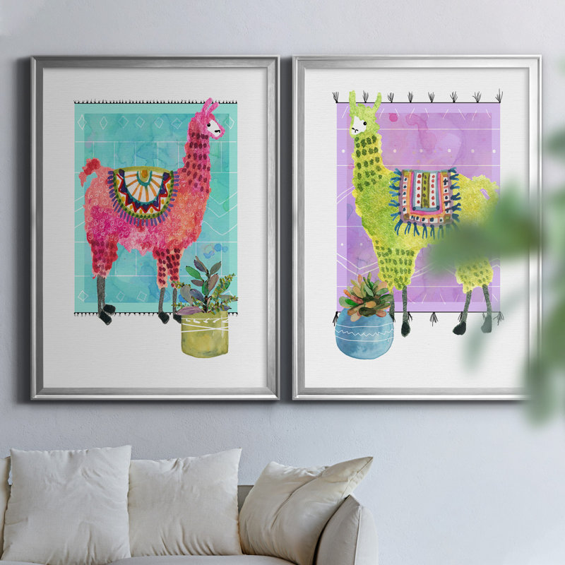 «Lovely Llama III», ensemble de 2 reproductions d'art, H 18,5 po x l 49 po x P 1,5 po, Toile encadrée argentée, Pas de tapis