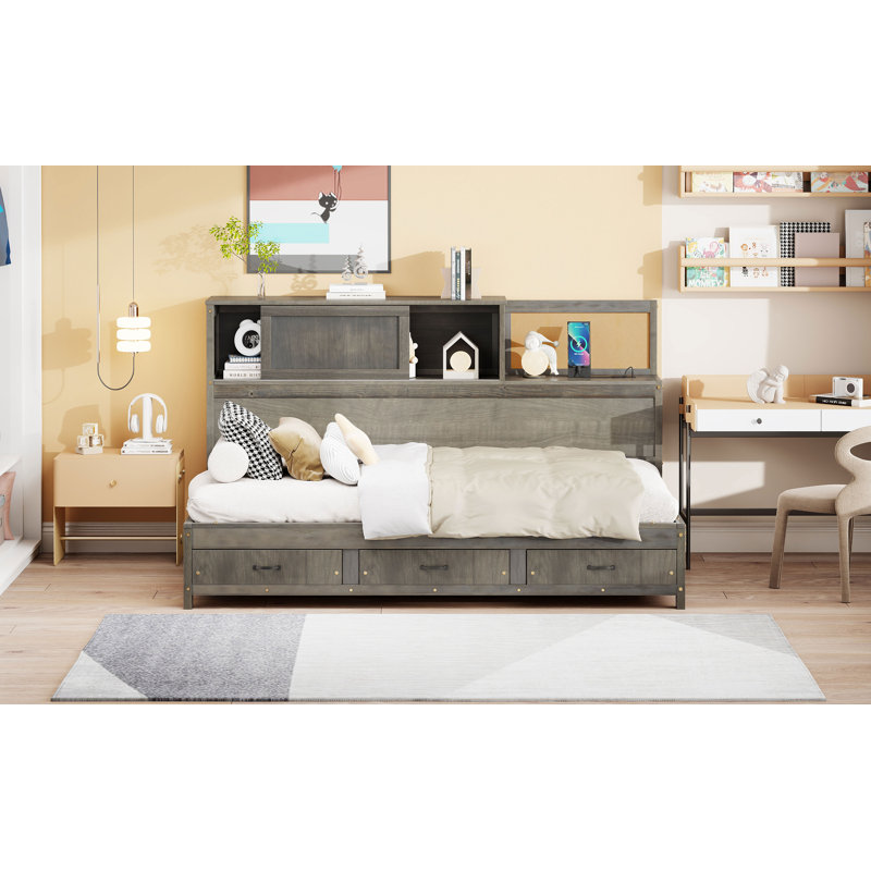 Lit de jour simple en bois avec rangement, ports USB, tablette et panneau de dossier souple, cadre fonctionnel, Gris
