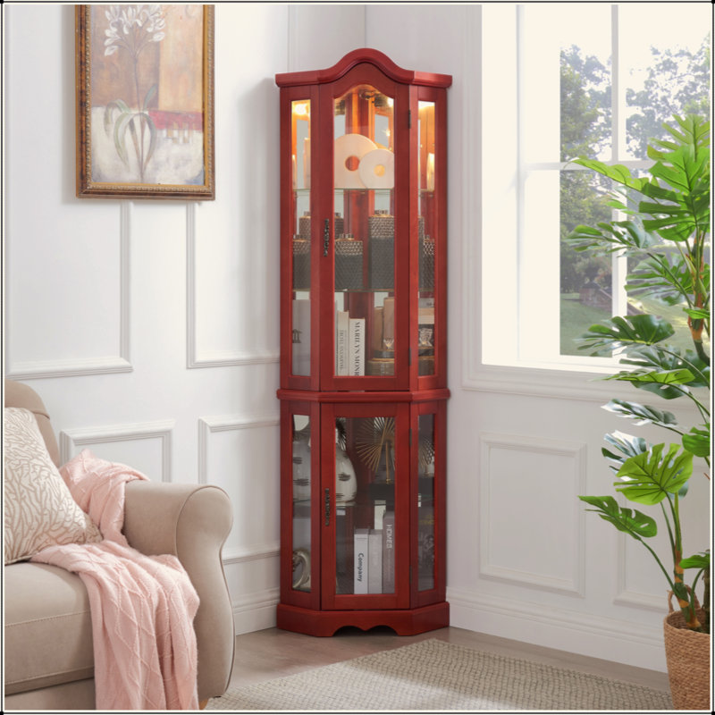 Lighted Corner Curio Cabinet With Tempered Glass Doors & Shelves - Elegant Cherry Display Case With Bulb For Living Room & Bedroom Décor
