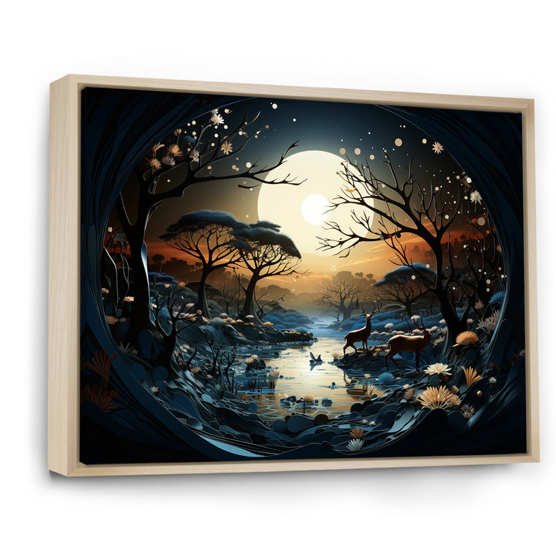 «Dreamy Moonlit Jungle I», art mural abstrait, Cadre flottant brun, H 34 po x l 44 po x P 1,5 po
