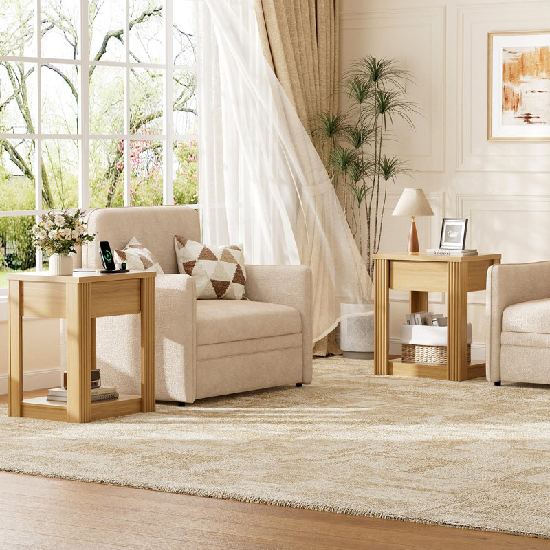 Fluted End Table With Charging Station, Wood Side Table With Drawer, Natural Wood