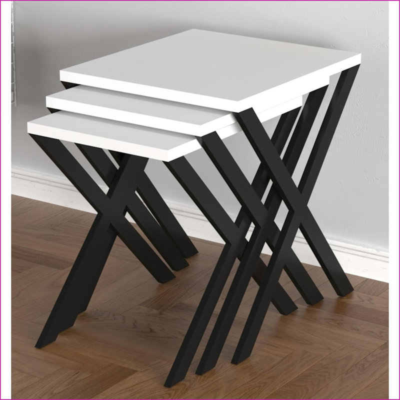 Ensemble de tables basses gigognes 3 pièces blanches - Pieds en métal, base en bois, décoration intérieure moderne