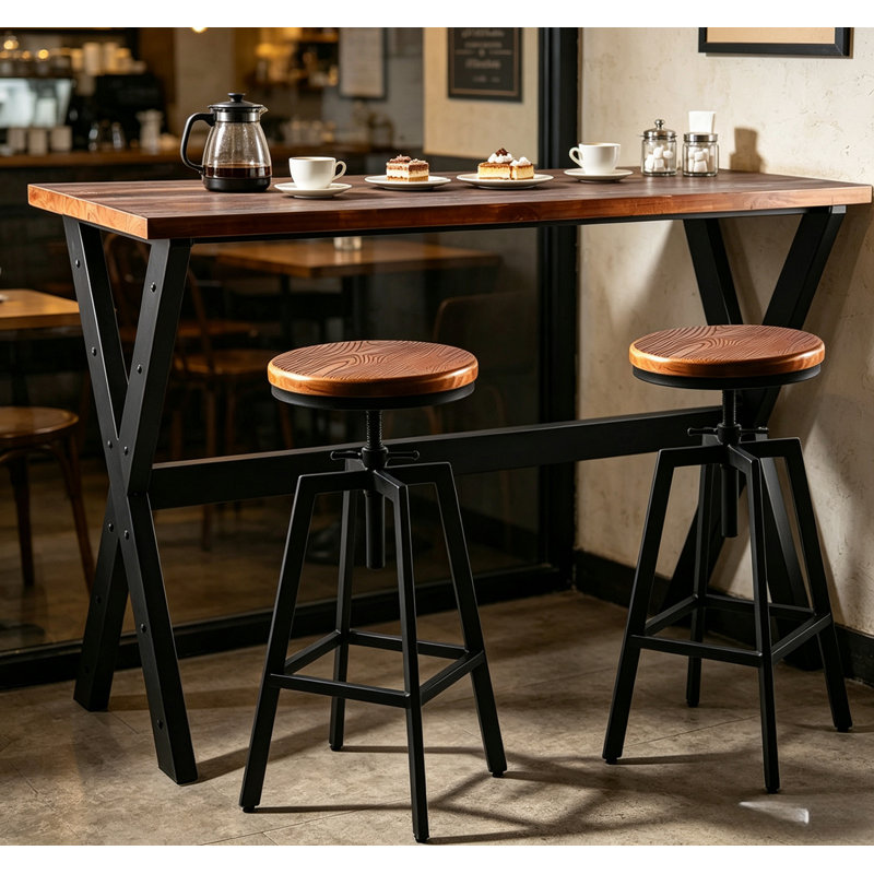 Ensemble de table et de chaises 3 pièces, bar-salle à manger café-pub, métal noir industriel et bois brun rustique, table rectangulaire à pieds en X, 2 tabourets de bar pivotants réglables