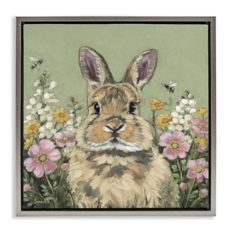 Cadre flottant Spring Abloom Rabbit, design par Sara G. Designs, H 18 po x l 18 po, Cadre flottant gris lustré