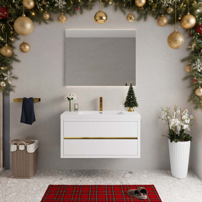 Meuble-lavabo mural de 42 po avec lavabo, armoire de rangement flottante, comptoir en résine de pierre, tiroirs à fermeture en douceur, entièrement assemblé, finition brillante
