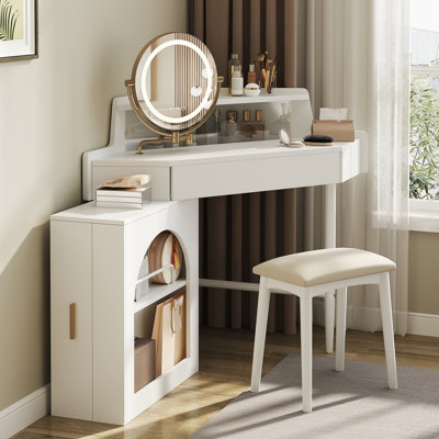 Corner Makeup Vanity Desk With Mirror & LED Lights