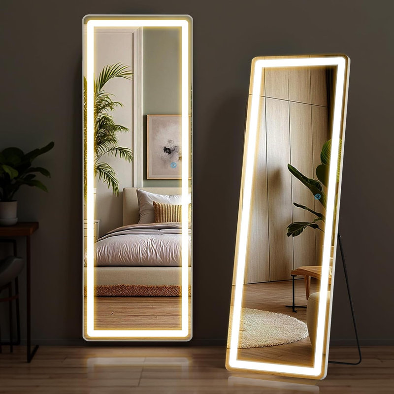 Mirror Full Length With LED Lights,Full Body Wall Mirror, Lighted Floor Standing Mirror, Hanging Or Leaning W/Dimming 3 Color Lighting, Tall Mirror For Modern Home Decor