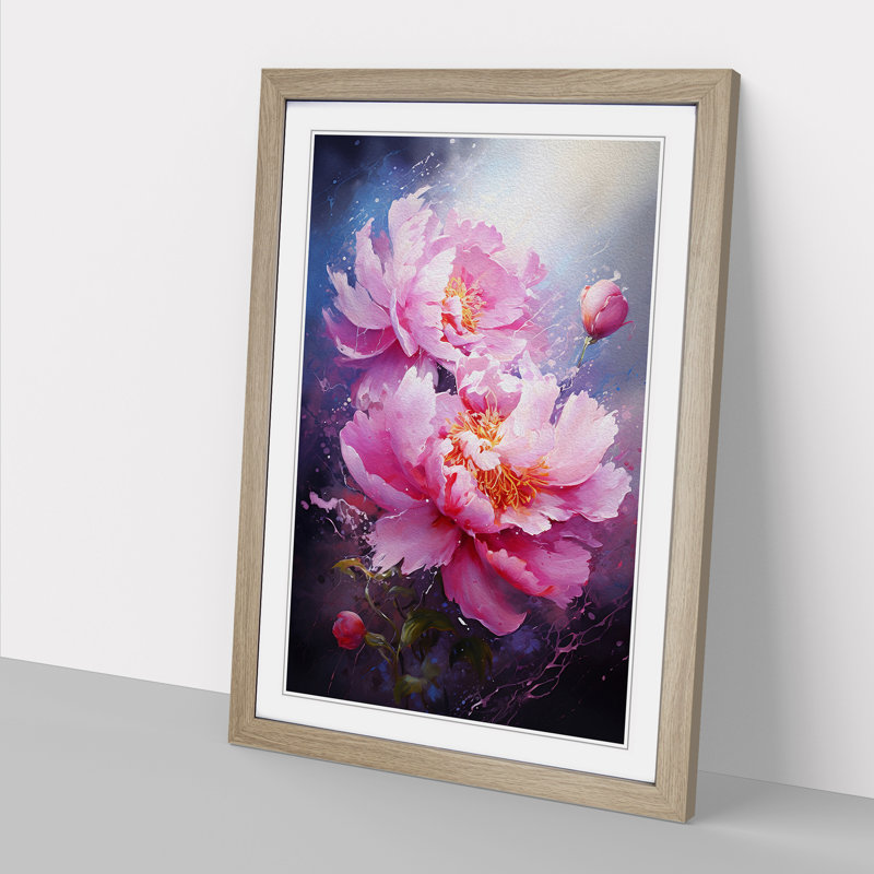 Peony Flower Action Painting - Single Picture Frame Print on Wood, Oak Framed, 64cm H x 46cm W x 2cm D