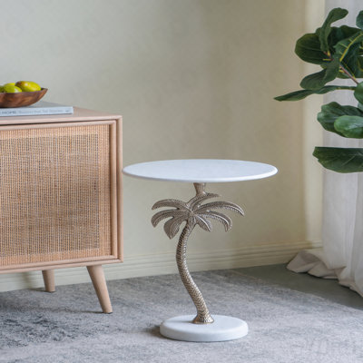 Table d'appoint ronde 14 po x 14 po x 24 po - Plateau en marbre blanc, motif de palmier doré