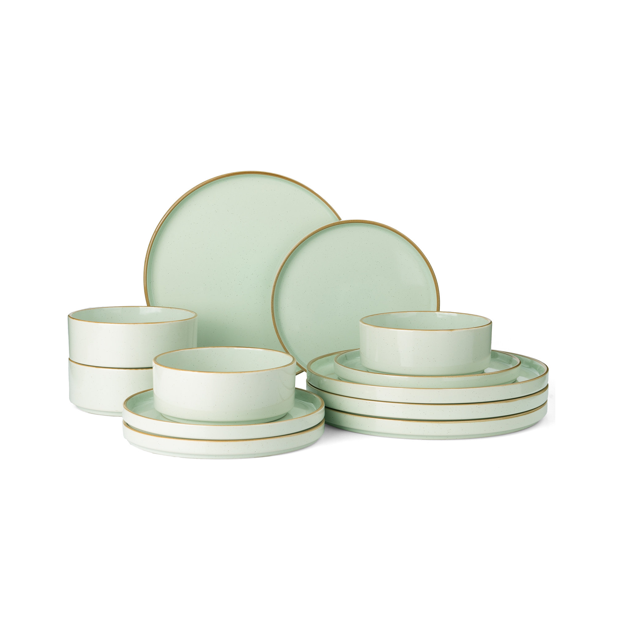  Nebula Plates And Bowls Sets, 12 Piece Dinnerware Sets, Light Green with Brown Rim