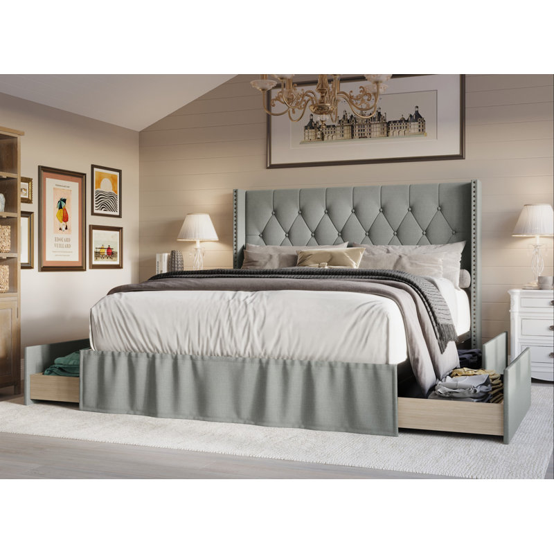 Javionte Upholstered Wingback Storage Bed, Gray, Full