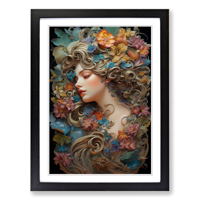 Floral Nouveau - Single Picture Frame Print on Wood, Black Framed, 34cm H x 25cm W