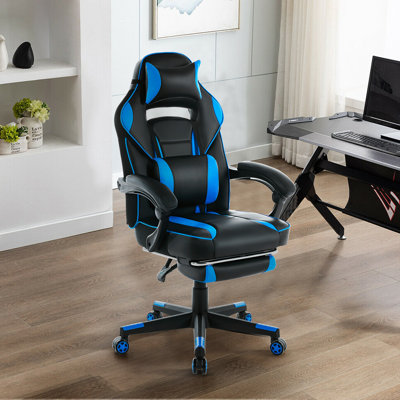 Gaming Chair with Retractable Footrest, Ergonomic PU Leather Computer Chair, Adjustable Height, Blue